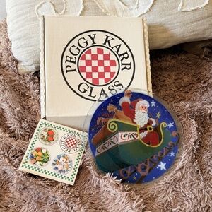 Vintage Christmas platter Peggy Karr Santa sleigh glass plate signed in Red